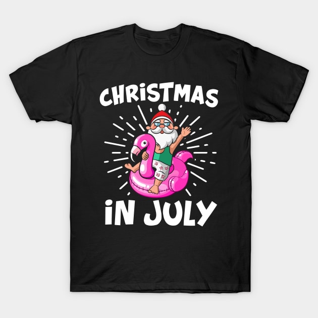 Christmas In July Summer Santa Inflatable Flamingo T-Shirt by folidelarts